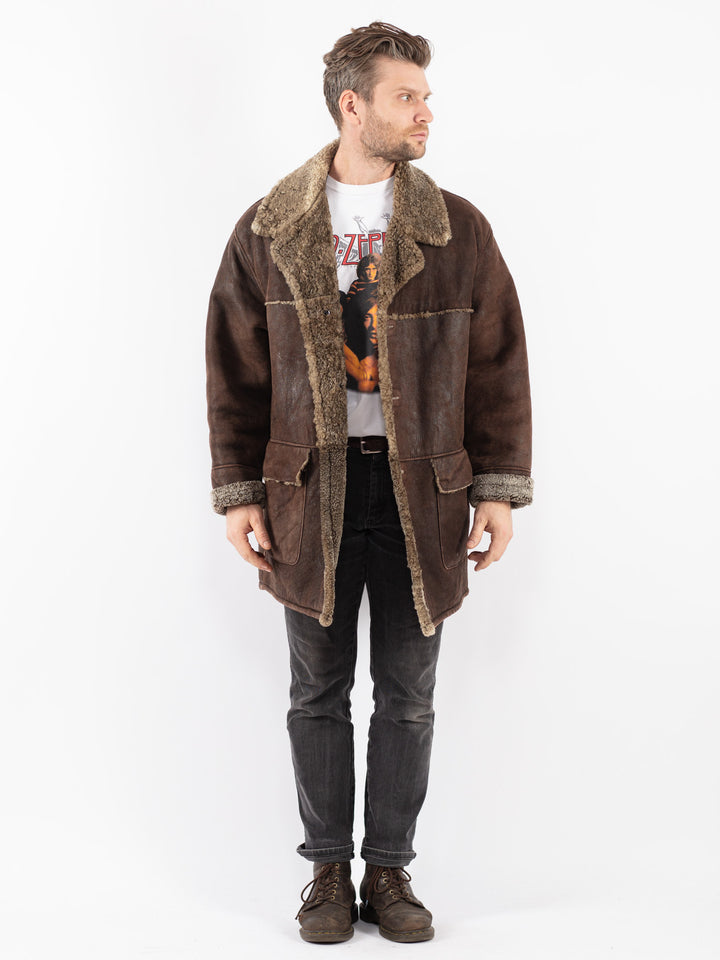 Vintage 80's Men Sheepskin Shearling Coat in Brown