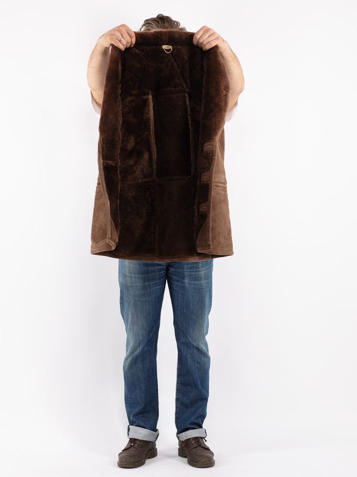 Vintage 70's Men Sheepskin Shearling Coat in Brown