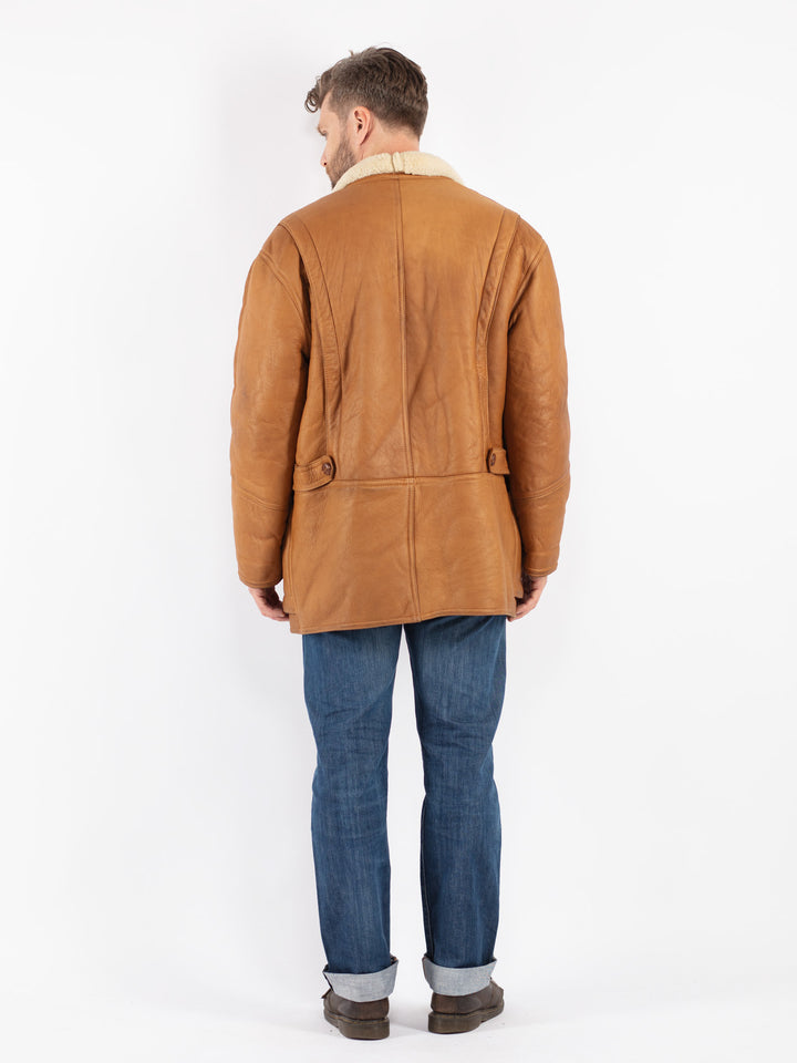 Vintage 80's Men Sheepskin Shearling Coat in Brown
