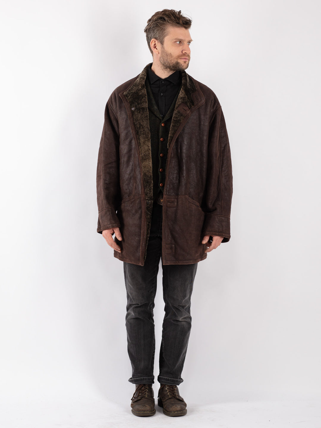 Vintage 80's Men Sheepskin Shearling Coat in Brown