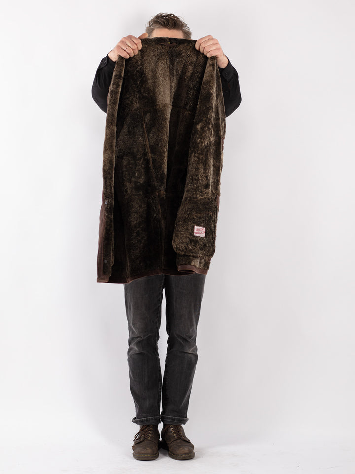 Vintage 80's Men Sheepskin Shearling Coat in Brown
