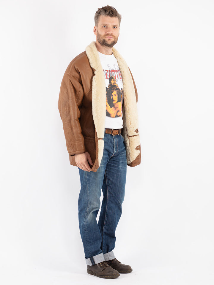Vintage 80's Men Sheepskin Shearling Coat in Brown
