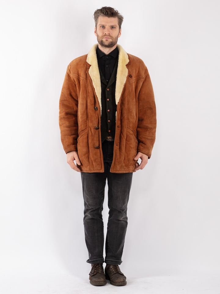 Vintage 80's Men Sheepskin Shearling Coat in Brown