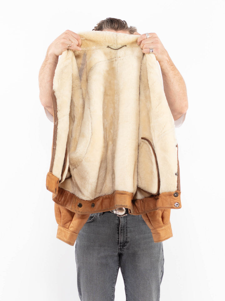 Vintage 80's Men Sheepskin Shearling Jacket in BrownZ2003