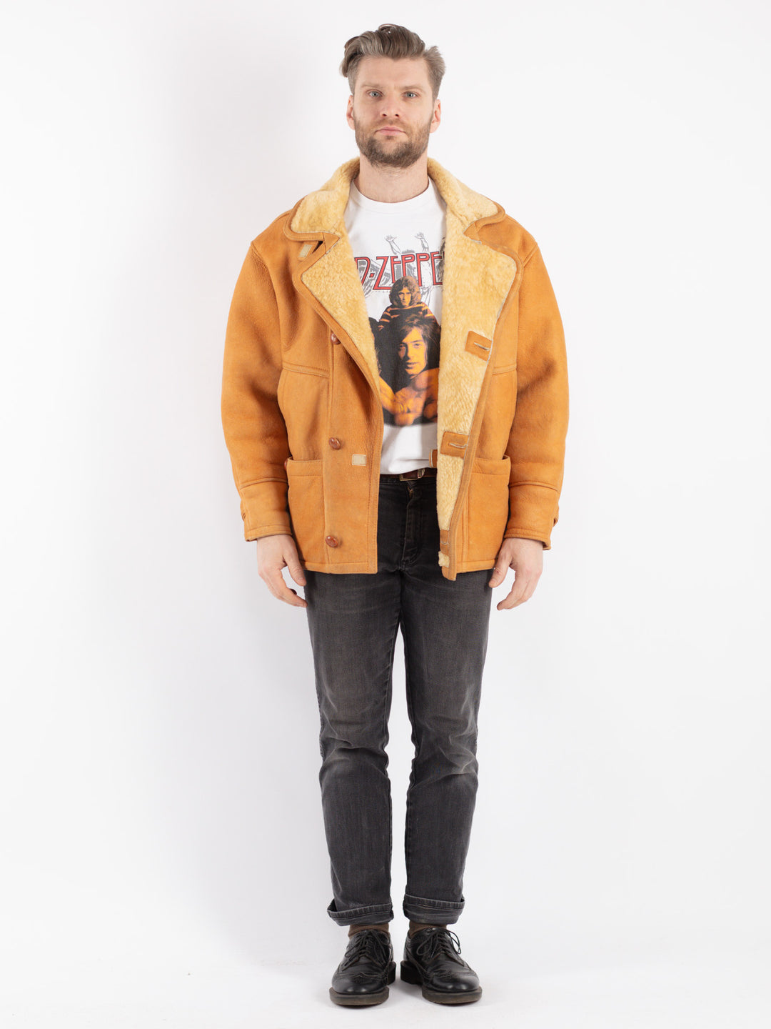 Vintage 80's Men Sheepskin Jacket in Orange