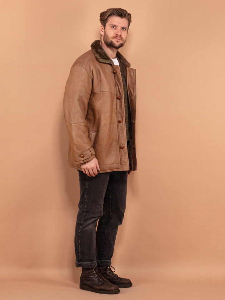 Vintage 80's Men Sheepskin Leather Coat in Beige - NorthernGrip