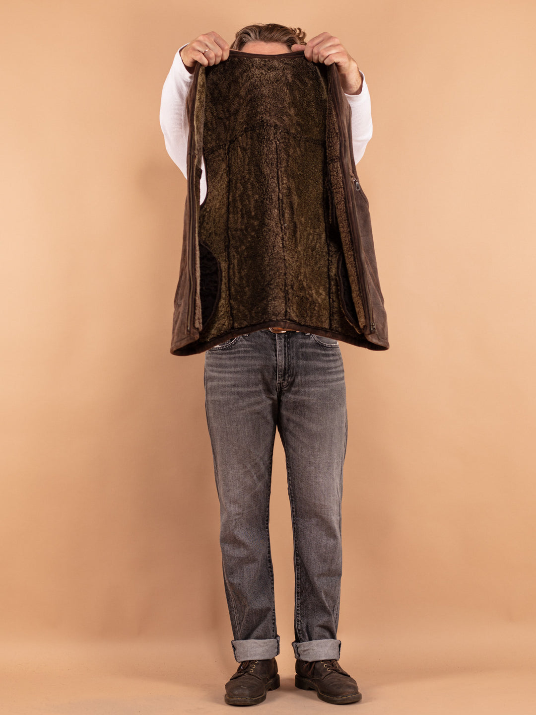 Vintage 80. gadu vīriešu aitādas veste brūnā krāsā