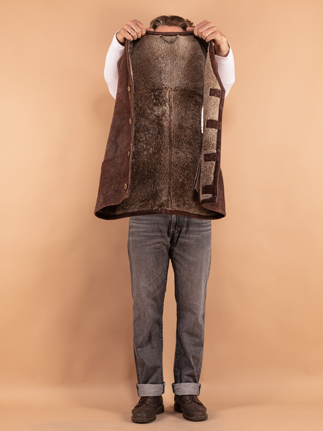 Vintage 80. gadu vīriešu aitādas veste brūnā krāsā