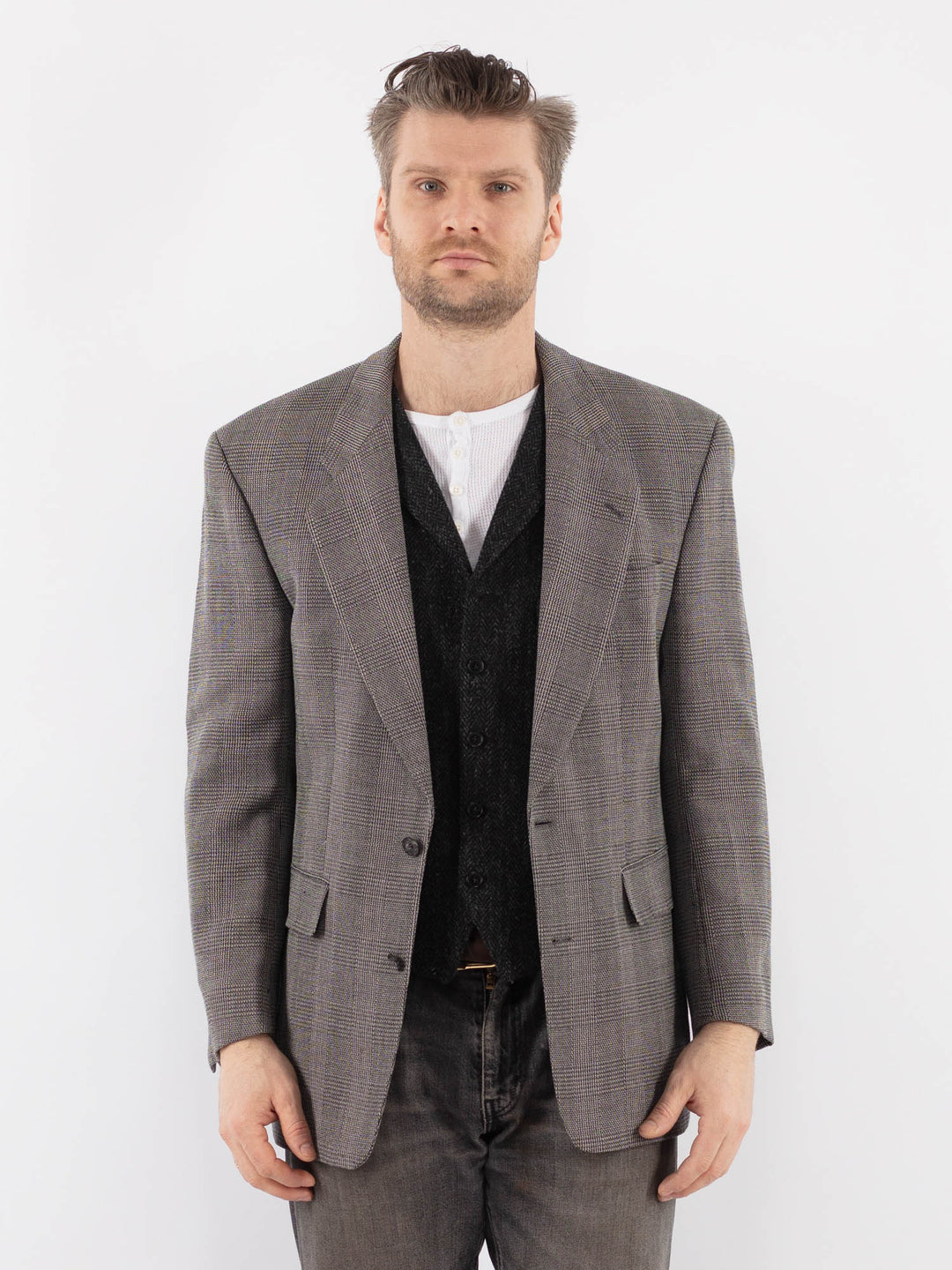 Vintage 80's Men Wool Blazer Jacket in GrayZ1063