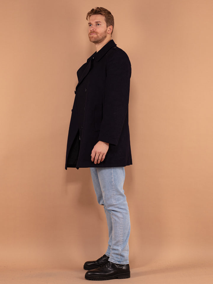 Vintage 80's Men Wool Coat in Blue - NorthernGrip