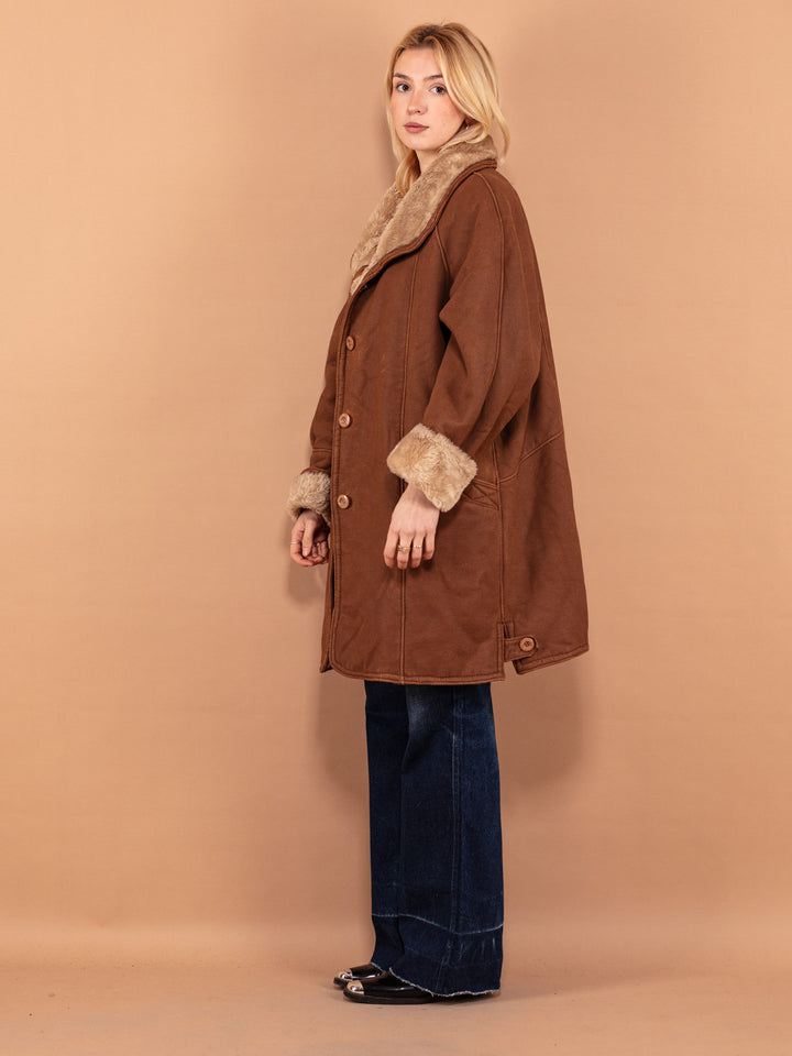 Vintage 80's Women Faux Sheepskin Coat in Brown - NorthernGrip