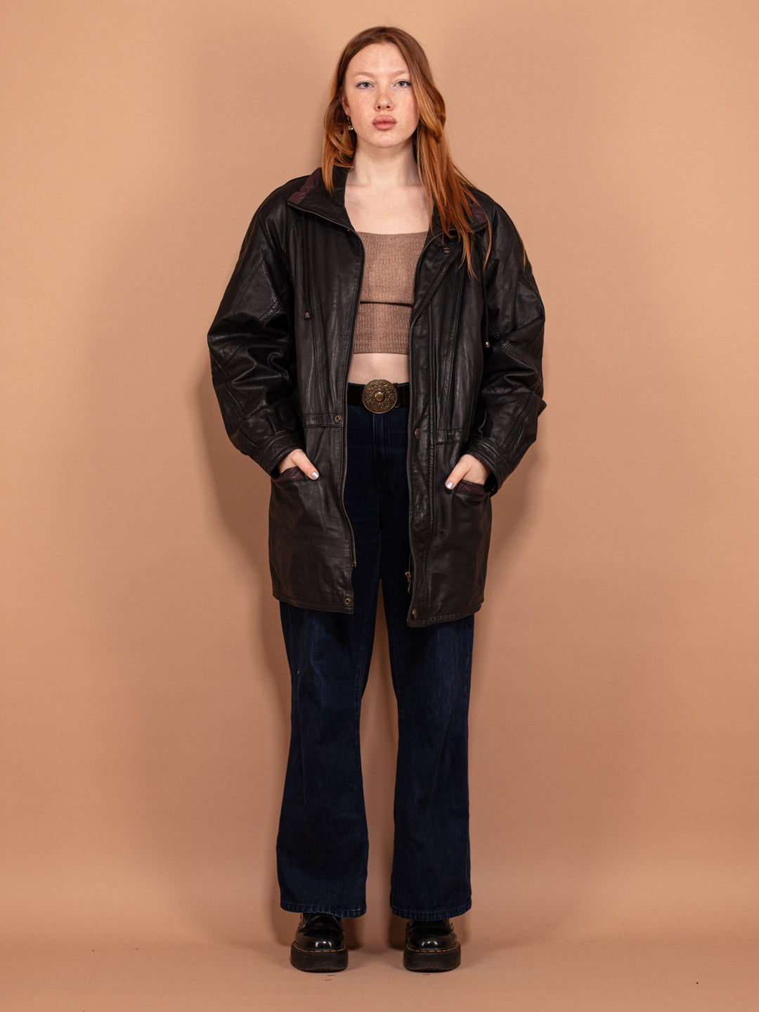 Vintage 80's Women Leather Parka Coat in Black - NorthernGrip