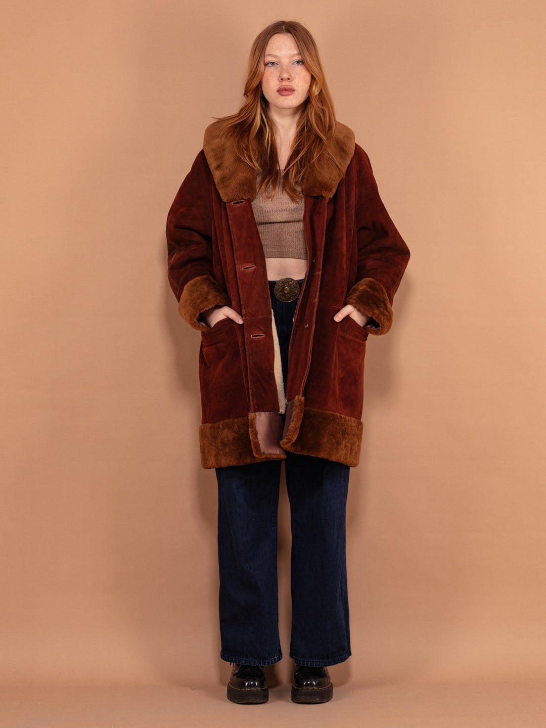 Vintage 80's Women Oversized Sheepskin Coat in Brown - NorthernGrip