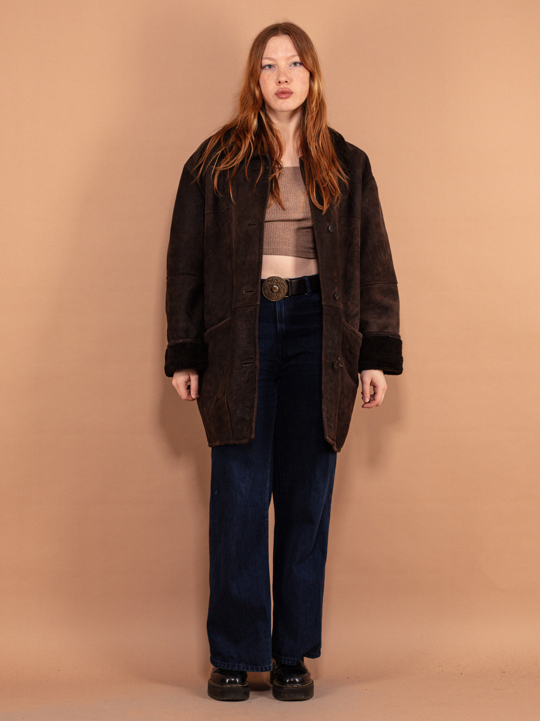 Vintage 80's Women Oversized Sheepskin Coat in Brown - NorthernGrip