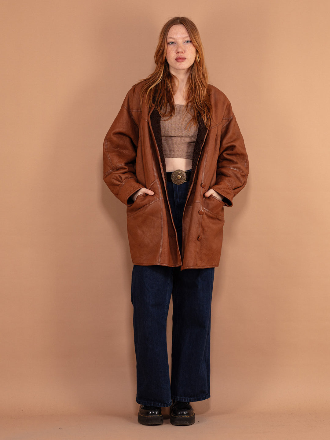 Vintage 80's Women Oversized Sheepskin Coat in Brown - NorthernGrip