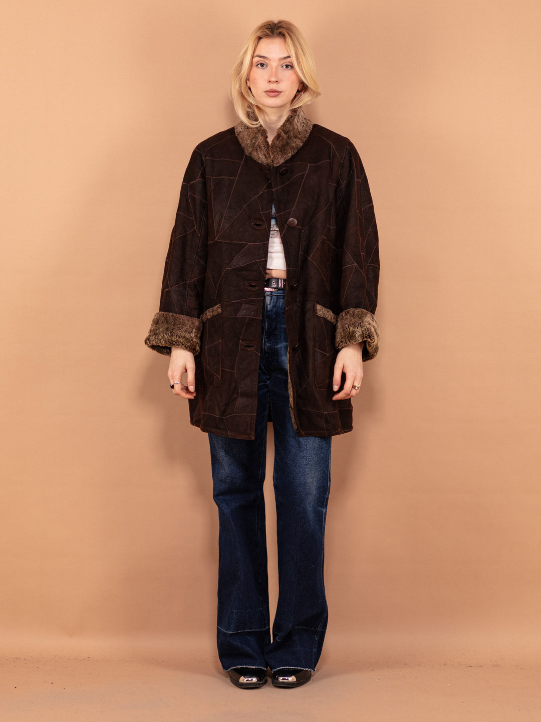 Vintage 80's Women Patchwork Sheepskin Coat in Brown - NorthernGrip