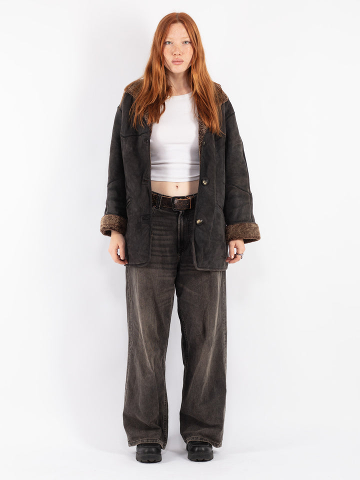 Vintage 80's Women Sheepskin Coat in Black
