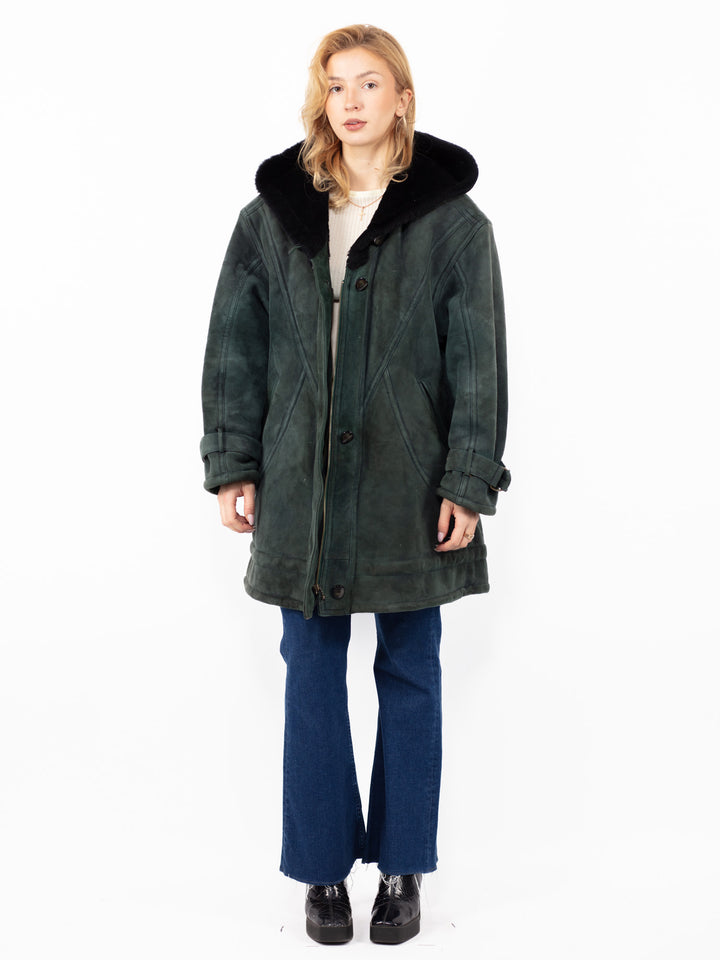 Vintage 80. gadu sieviešu lielizmēra aitādas mētelis izbalējušā zaļā krāsā