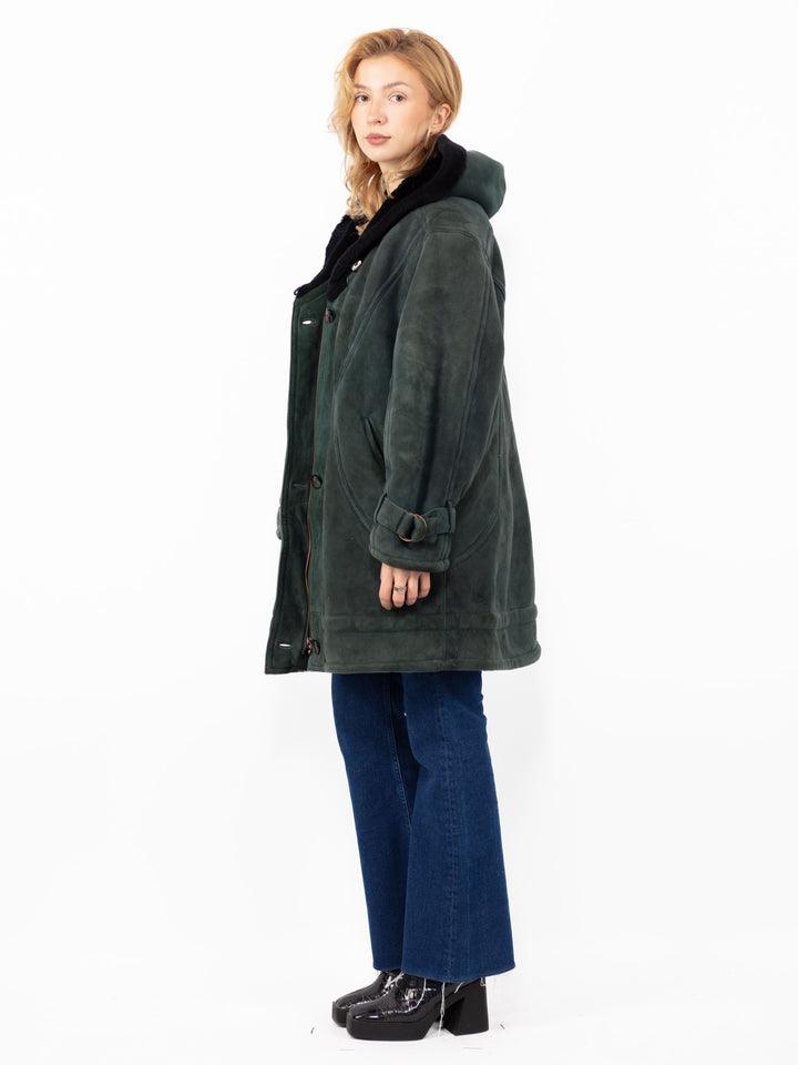 Vintage 80. gadu sieviešu lielizmēra aitādas mētelis izbalējušā zaļā krāsā