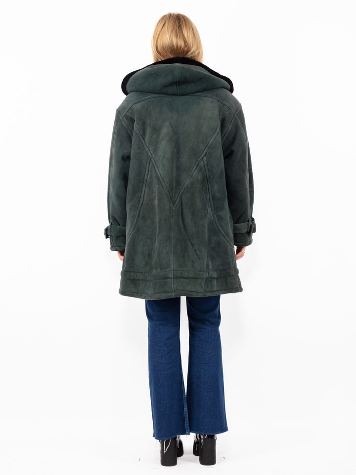 Vintage 80. gadu sieviešu lielizmēra aitādas mētelis izbalējušā zaļā krāsā