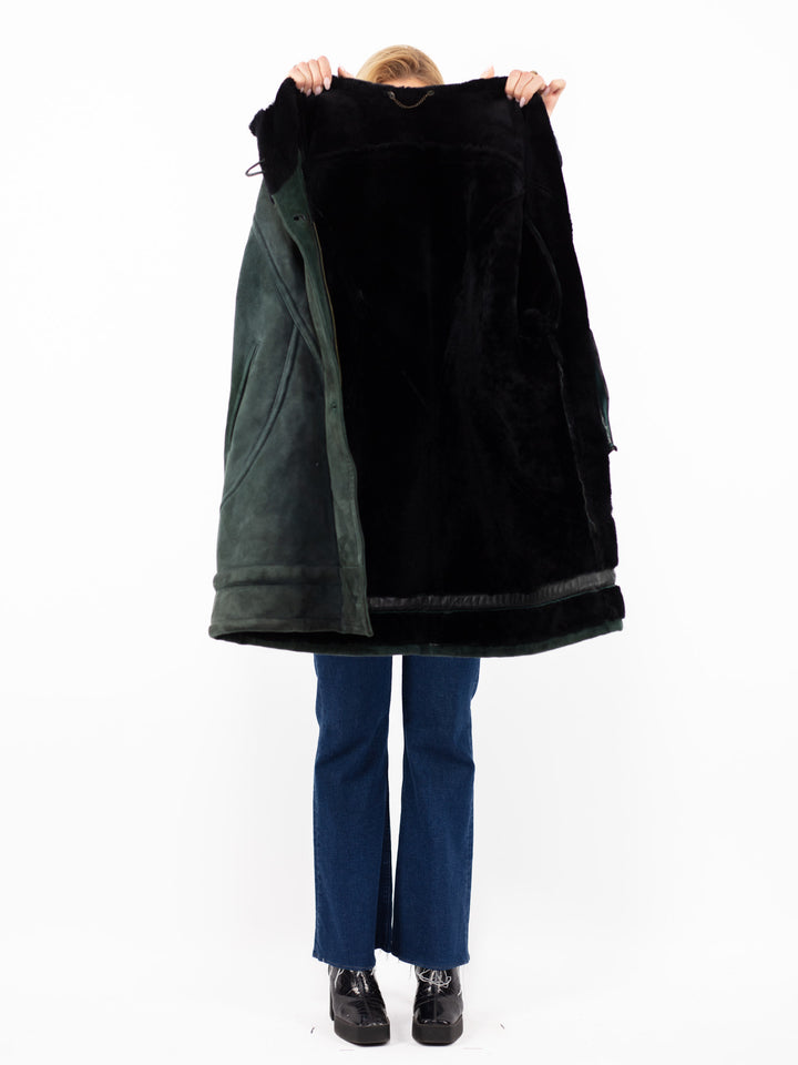 Vintage 80. gadu sieviešu lielizmēra aitādas mētelis izbalējušā zaļā krāsā