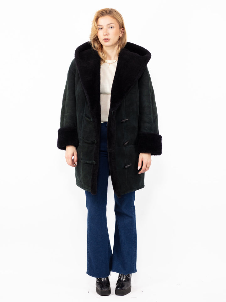 Vintage 80. gadu sieviešu Hide Society aitādas mētelis melnā krāsā