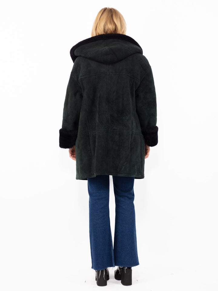 Vintage 80. gadu sieviešu Hide Society aitādas mētelis melnā krāsā