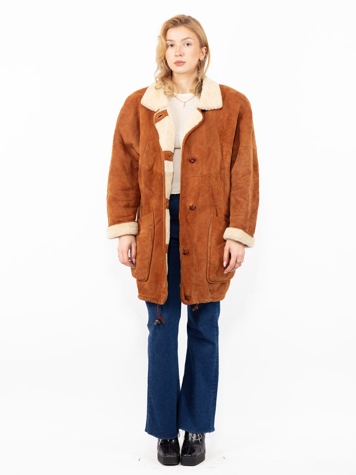 Vintage 80. gadu sieviešu aitādas mētelis brūnā krāsā