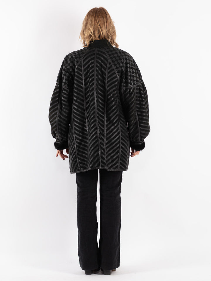 Vintage 80's Women Sheepskin Shearling Coat in Black