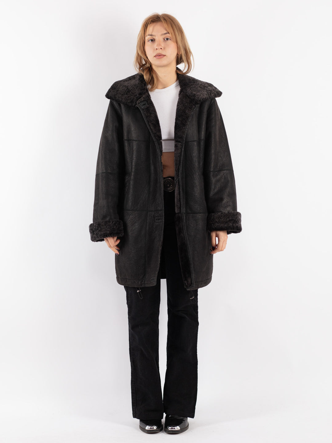 Vintage 80's Women Sheepskin Shearling Coat in Black
