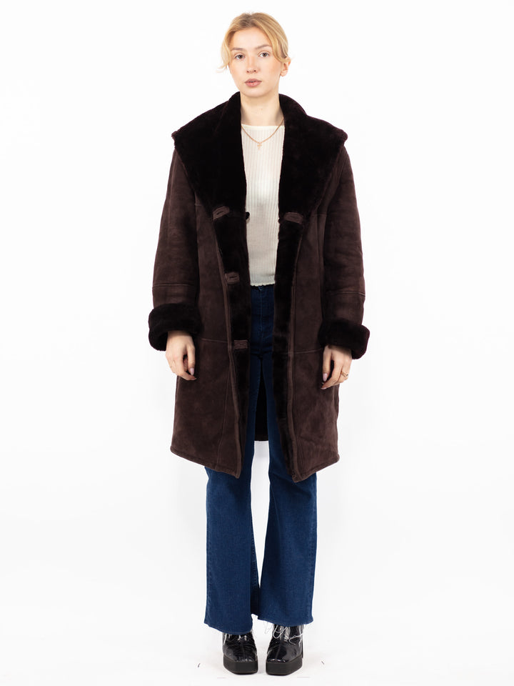 Vintage 80. gadu sieviešu kapuces aitādas mētelis bordo brūnā krāsā