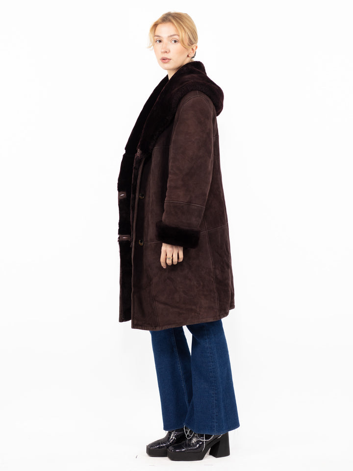 Vintage 80. gadu sieviešu kapuces aitādas mētelis bordo brūnā krāsā