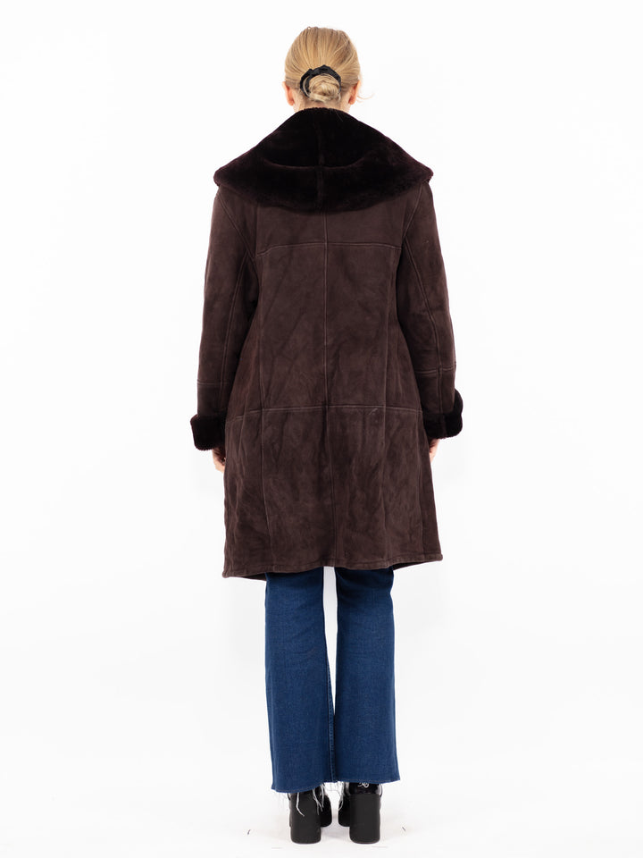 Vintage 80. gadu sieviešu kapuces aitādas mētelis bordo brūnā krāsā