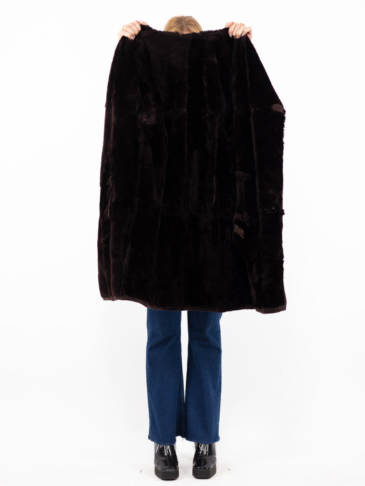 Vintage 80. gadu sieviešu kapuces aitādas mētelis bordo brūnā krāsā