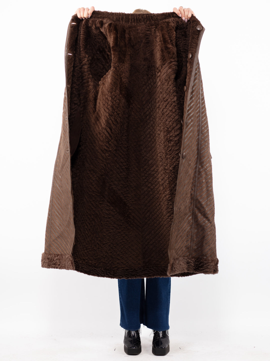 Vintage 80. gadu sieviešu divpusējs aitādas mētelis brūnā krāsā