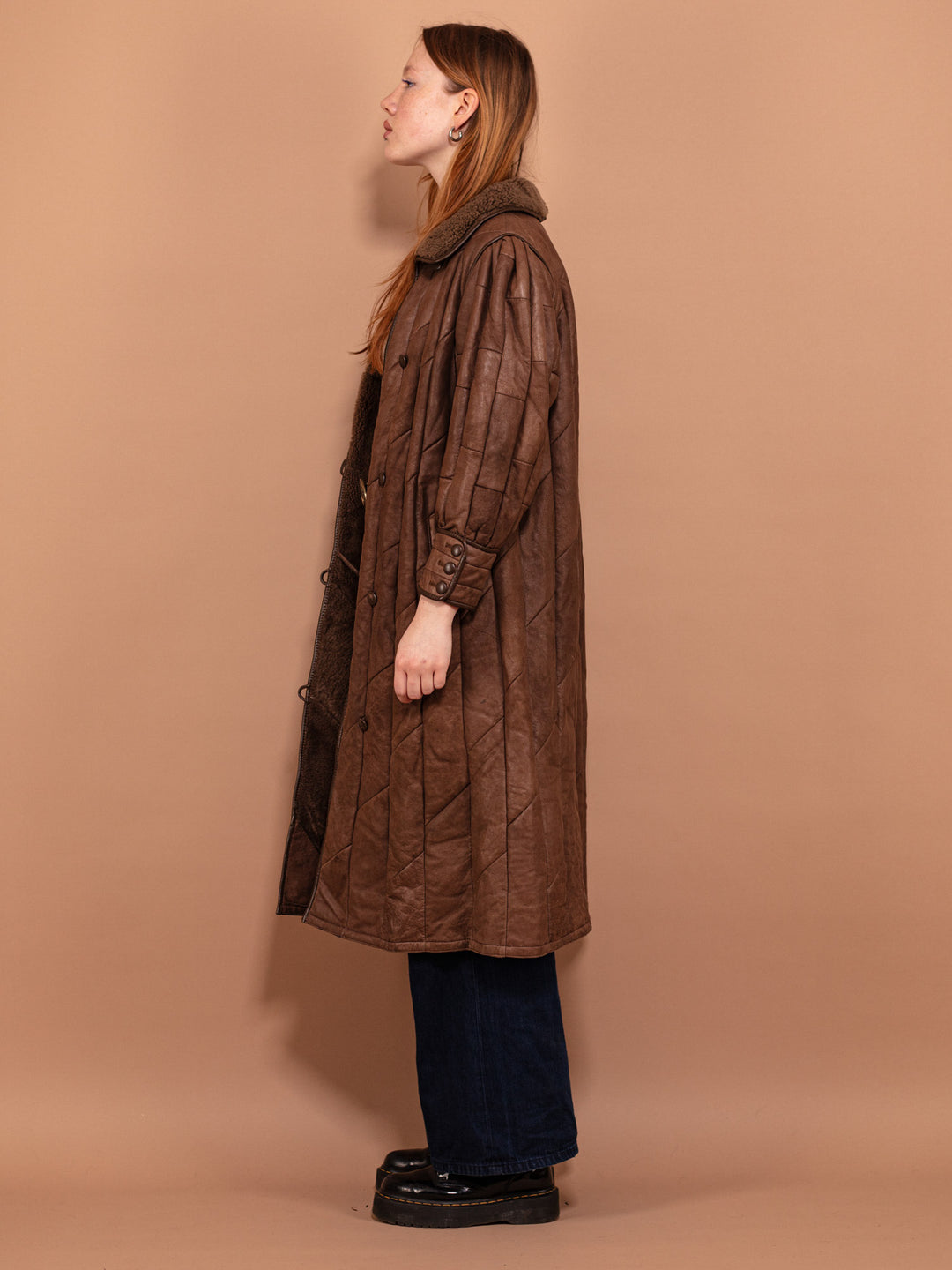 Vintage 80's Women Sheepskin Leather Coat in Brown - NorthernGrip