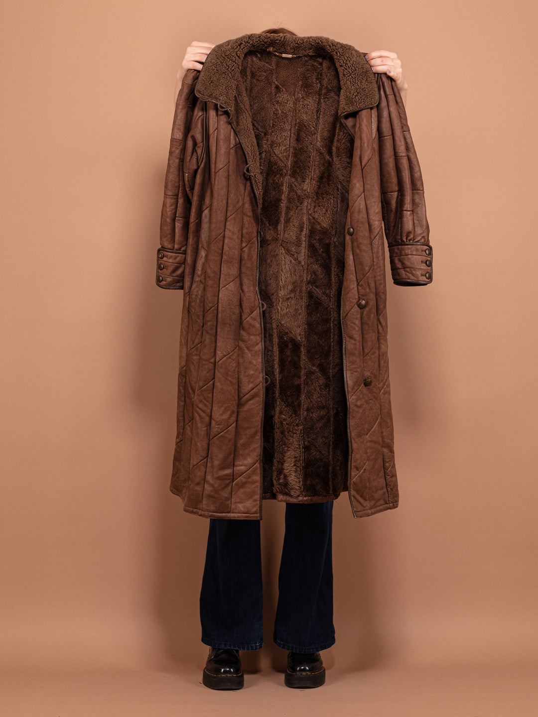 Vintage 80's Women Sheepskin Leather Coat in Brown - NorthernGrip