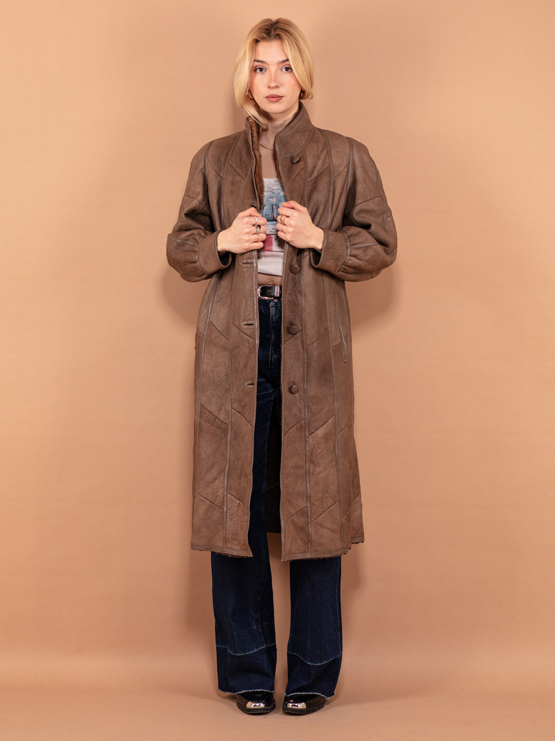 Vintage 80's Women Sheepskin Leather Coat in Clay Brown - NorthernGrip