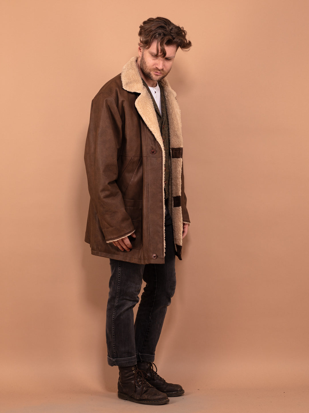 Vintage 90's Men Faux Sheepskin Coat in Brown - NorthernGrip