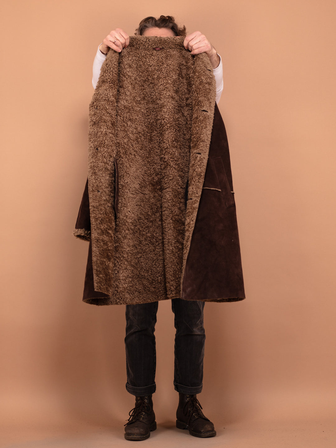 Vintage 90's Men Faux Sheepskin Coat in Brown - NorthernGrip