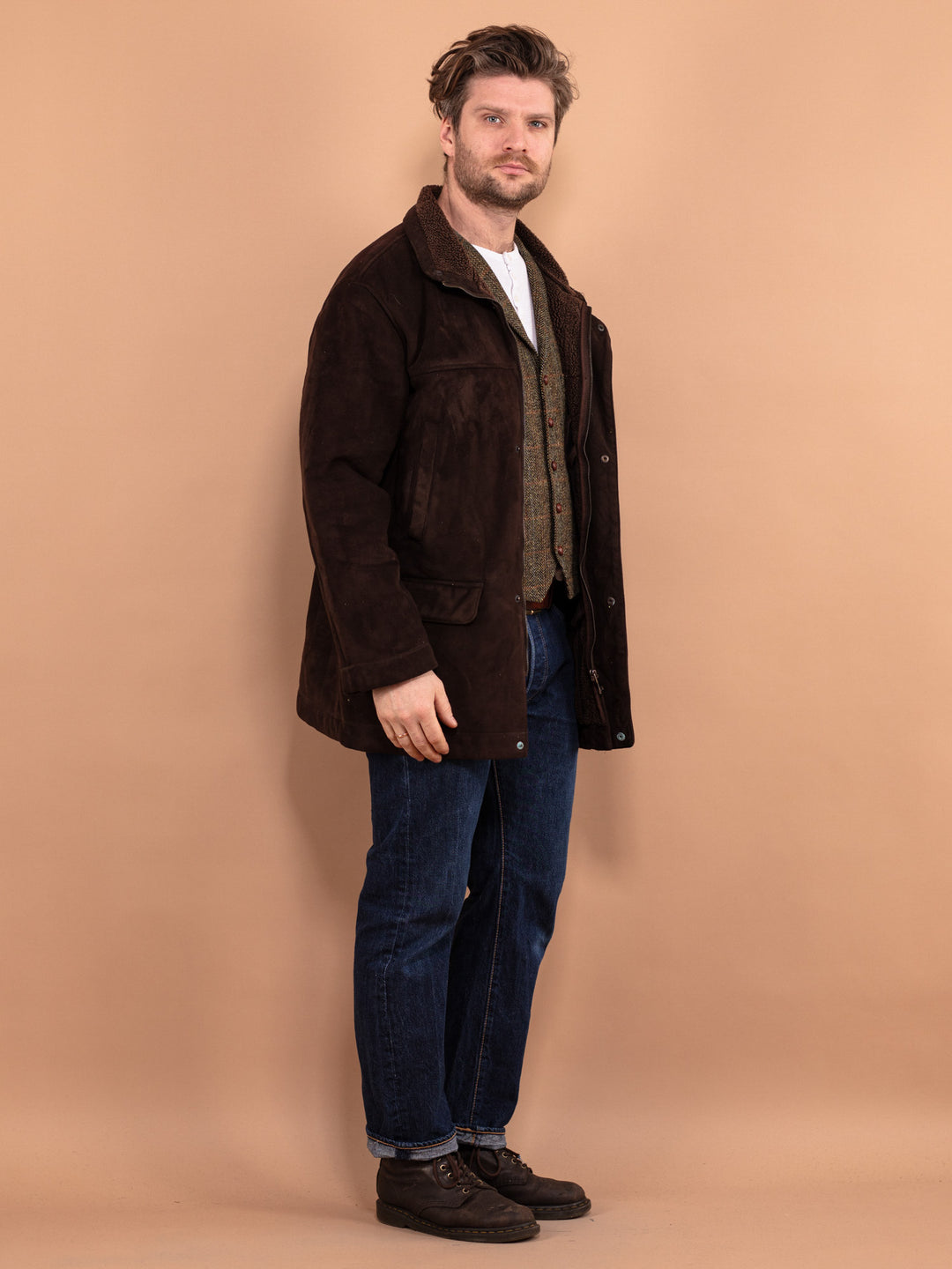 Vintage 00's Men Faux Sheepskin Coat in Brown - NorthernGrip