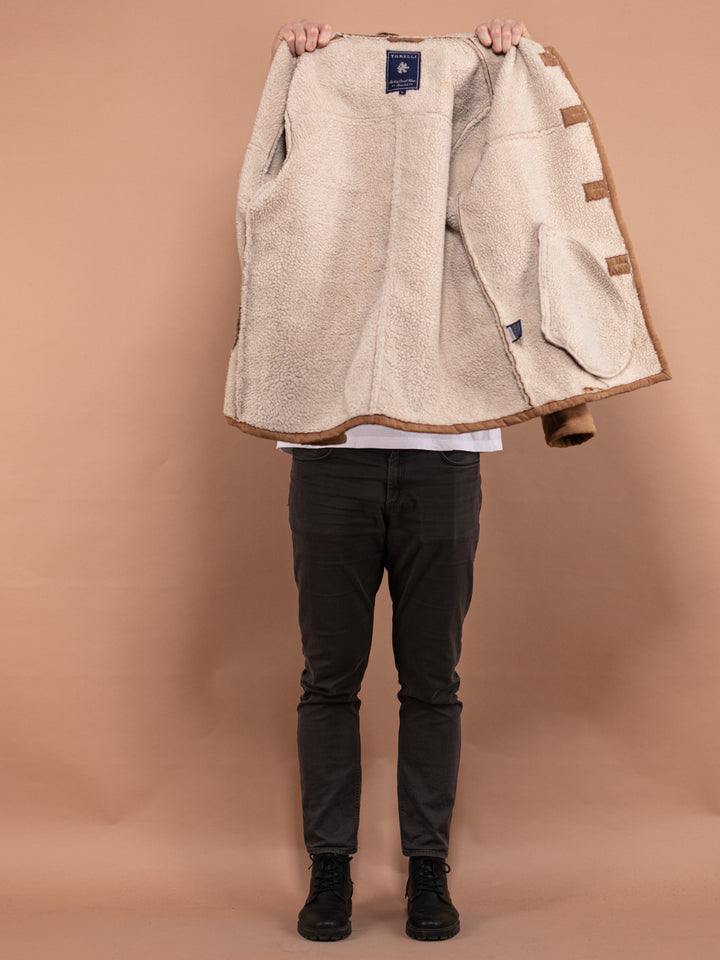 Vintage 90's Men Faux Sheepskin Jacket in Beige - NorthernGrip