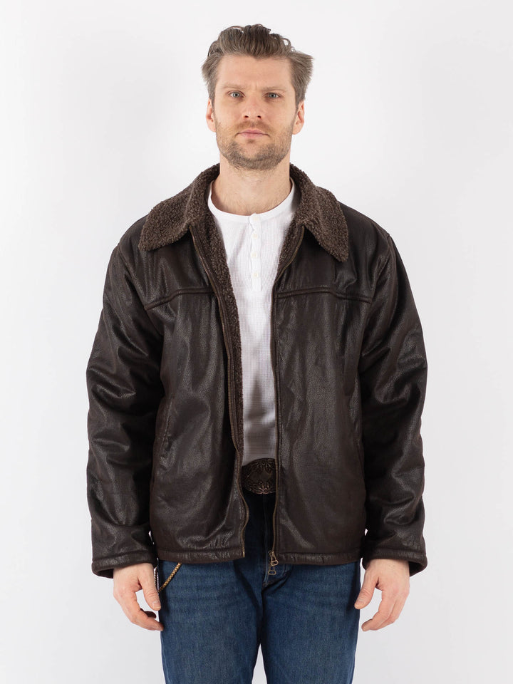 Vintage 90's Men Faux Sheepskin Jacket in BrownZ1185