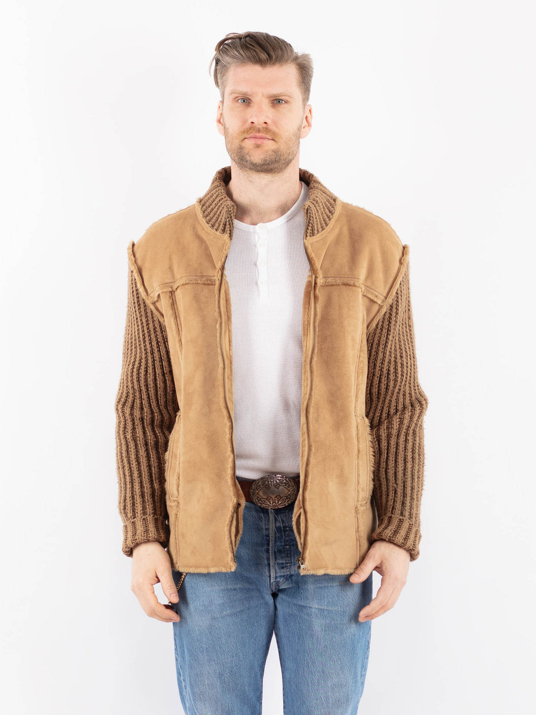 Vintage 90's Men Faux Sheepskin Jacket in BeigeZ1444