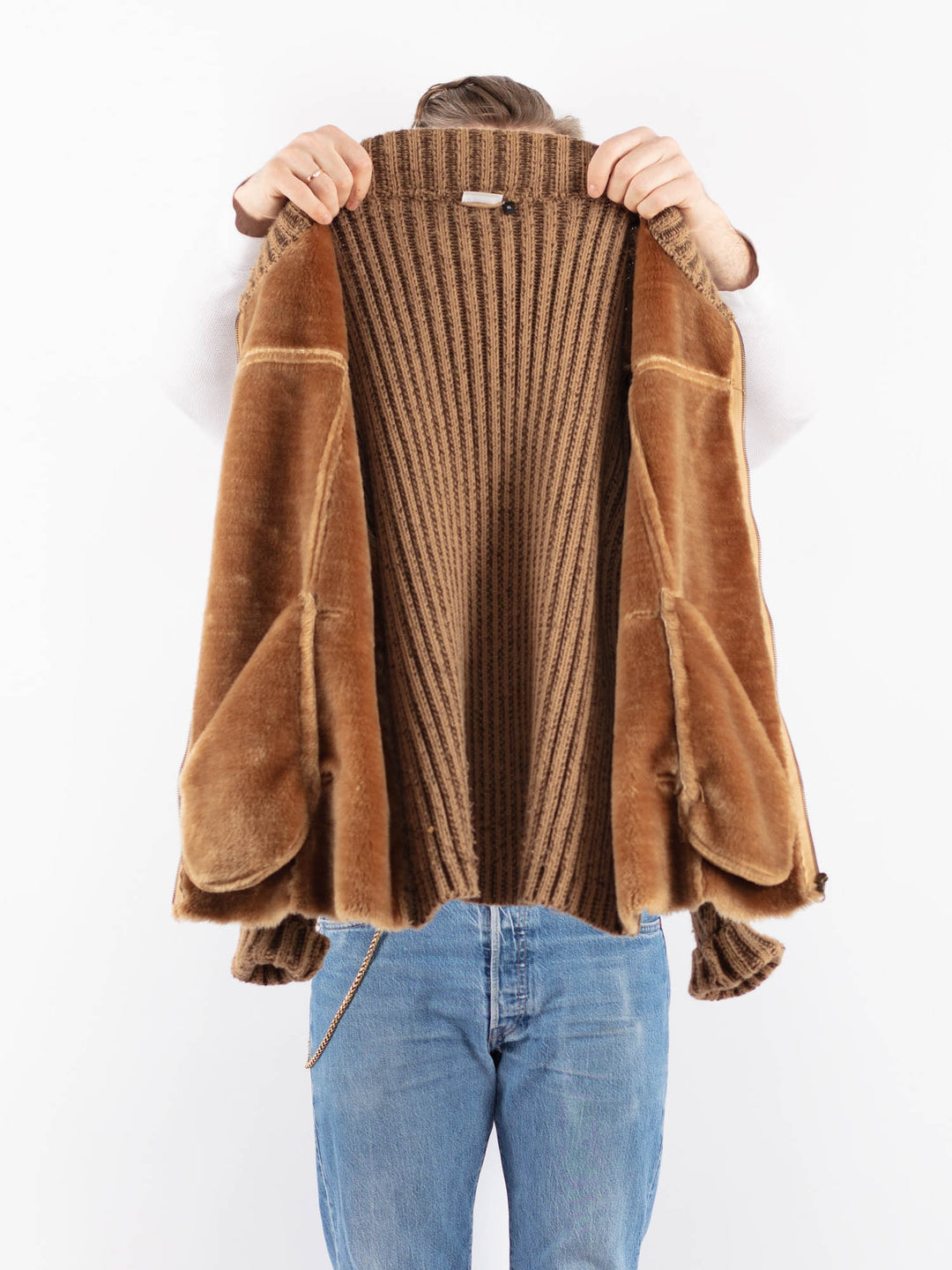 Vintage 90's Men Faux Sheepskin Jacket in BeigeZ1444