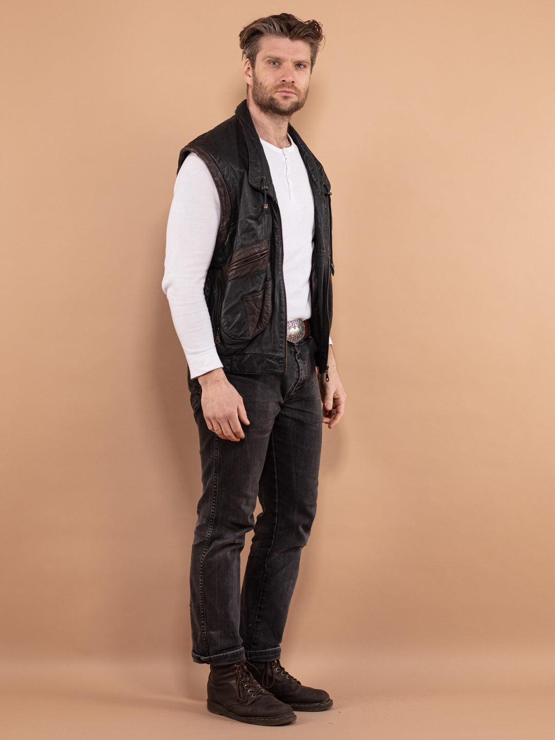 Vintage 90. gadu vīriešu ādas veste melnā krāsā