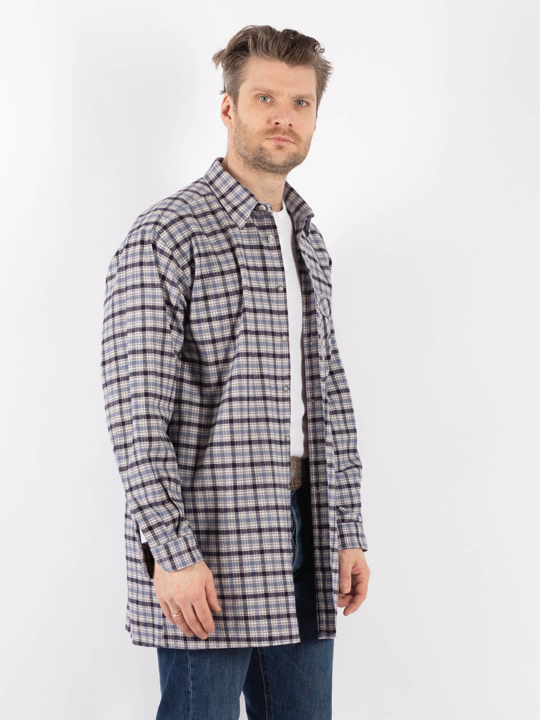Vintage 90's Men Plaid Flannel Shirt in BlueZ1155