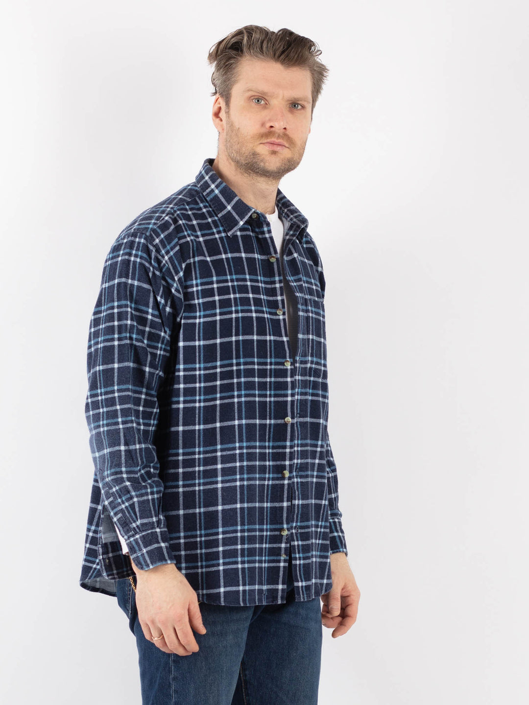 Vintage 90's Men Plaid Flannel Shirt in BlueZ1159