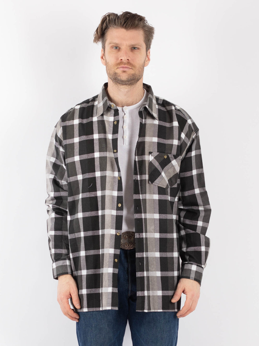 Vintage 90's Men Plaid Flannel Shirt in GrayZ1160