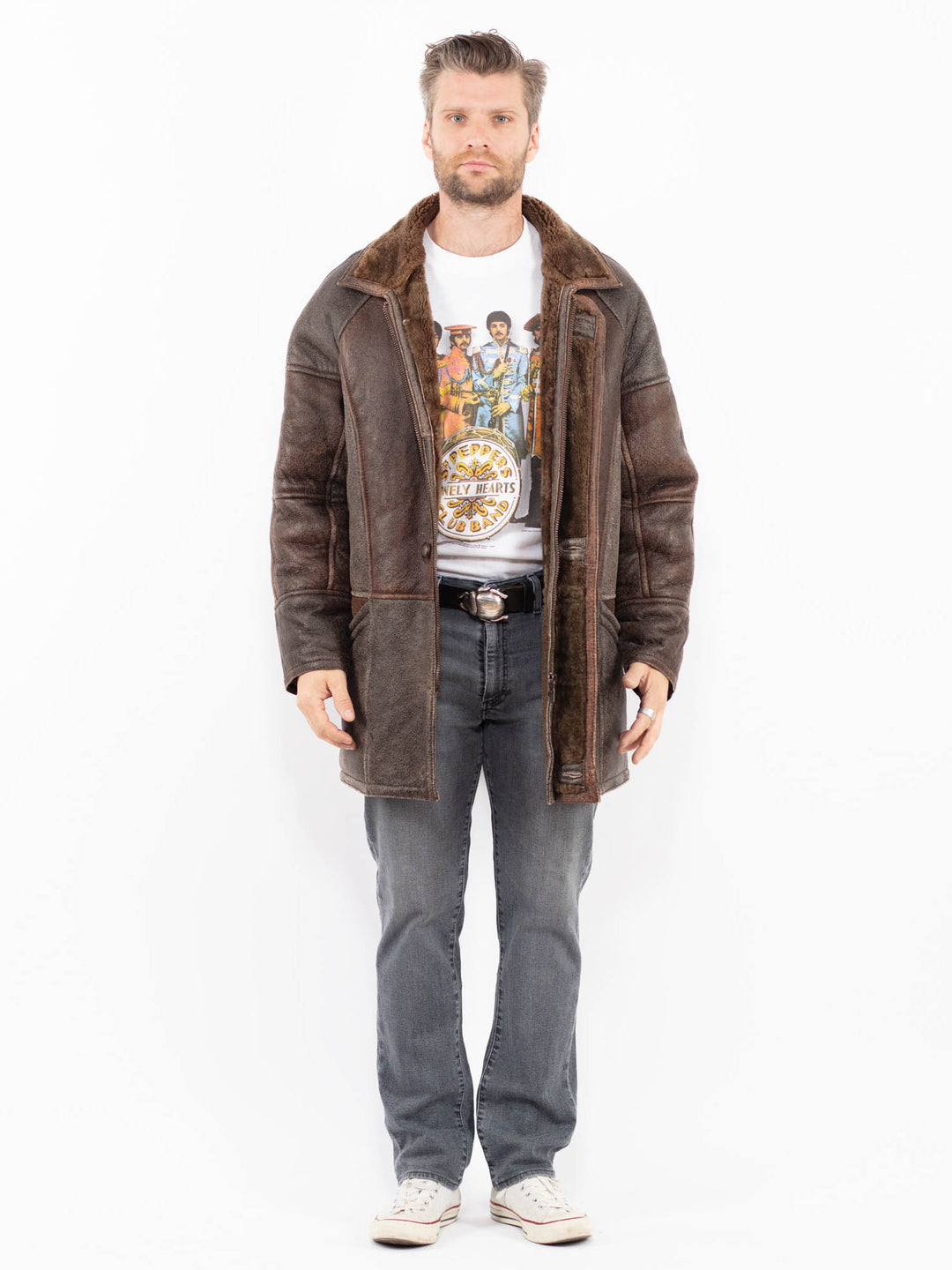 Vintage 90's Men Sheepskin Coat in BrownZ1951